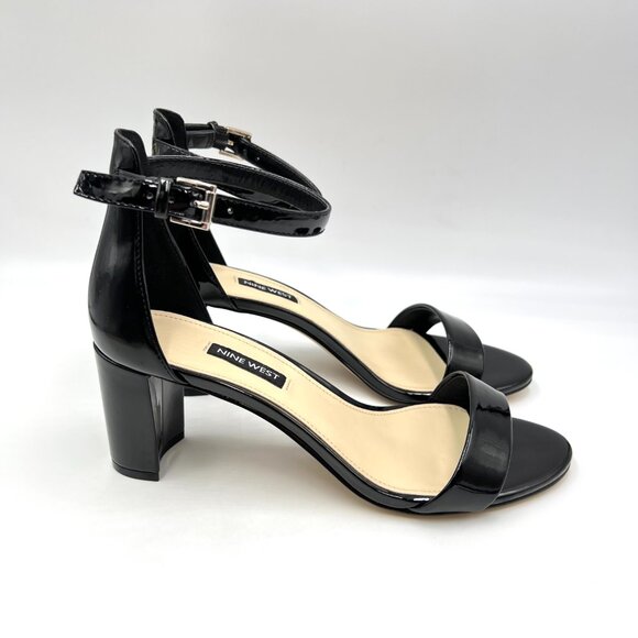8.5W 8.5 WIDE WIDTH Nine West Pruce 3 Black Patent Block Heels Sandals‎ Shoes - Picture 1 of 15